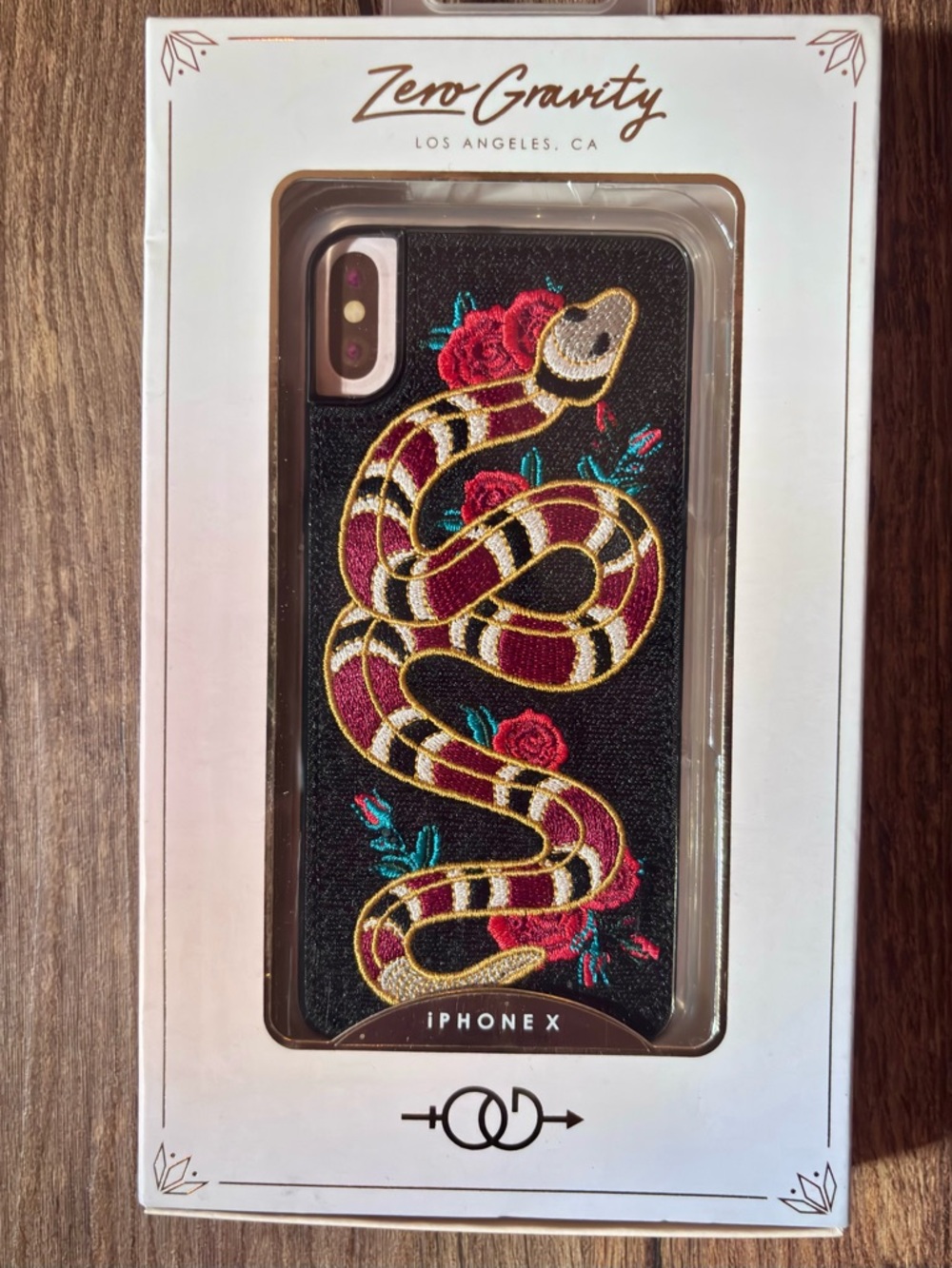 iPhone X Black Case with Embroidered Snake and Rose Design